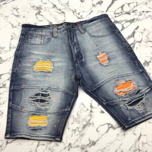 Men’s Makobi Dk Blue | Yellow | Orange Denim Shorts NWT